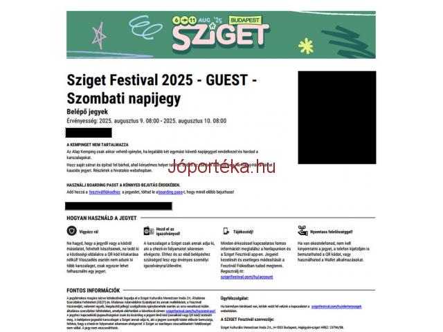 1db Sziget szombati napijegy eladó